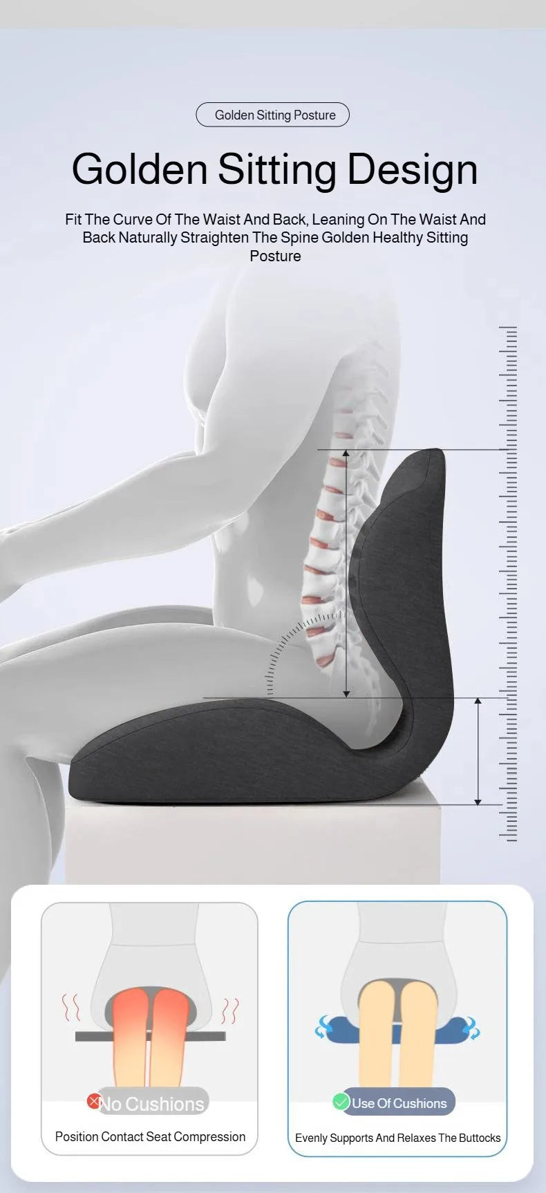 Diagram showing the golden sitting posture design and comparison of seat cushion contact with and without cushions.