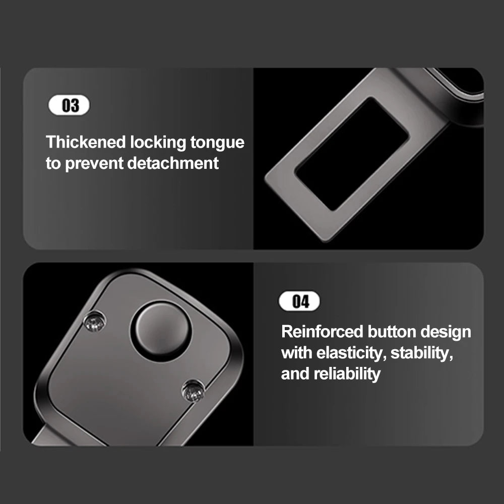 Close-up view of a car seat belt extender showing features like a thickened locking tongue and a reinforced button design.