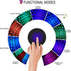 A hand is interacting with a multi-mode USB projection party light displaying nine functional modes with various color gradie