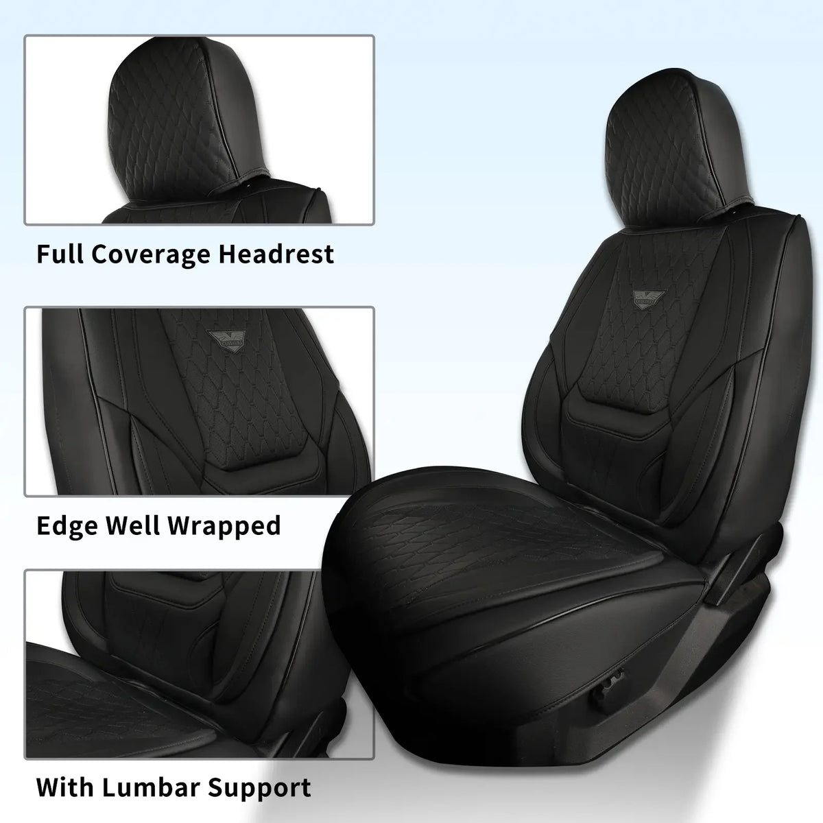Fundas de cuero negro para asiento de coche con características como reposacabezas completo, ribete y soporte lumbar