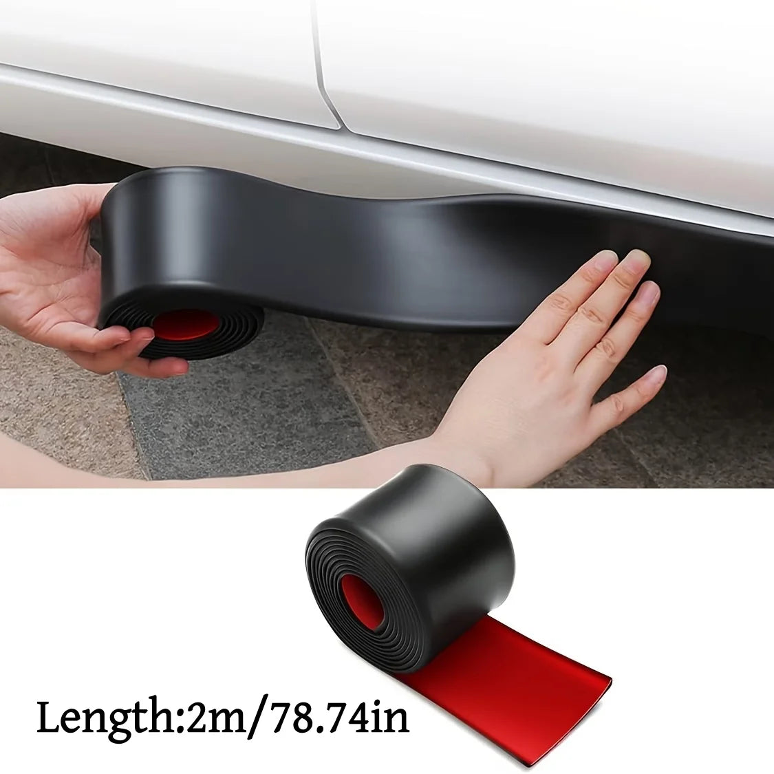 A hand is applying a black self-adhesive PVC car side protection strip to a white car door.