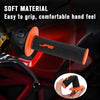 Close-up of an orange and black soft material motorcycle handlebar grip with a finger grip demonstration.