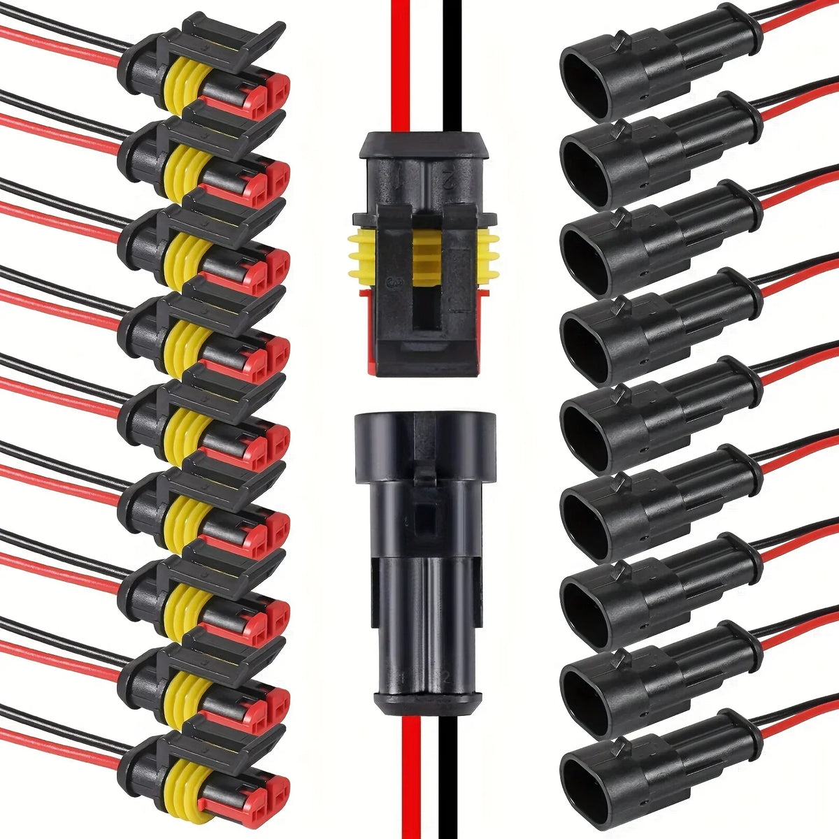 A set of durable 2-pin wire connectors in black, yellow, and red for automotive and marine use.