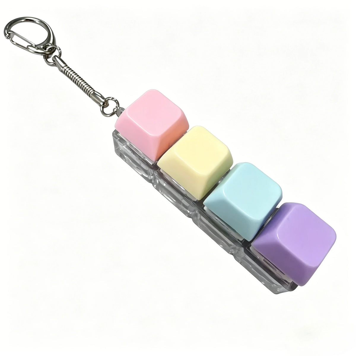 A keychain featuring five colorful, square LED buttons attached to a silver chain.