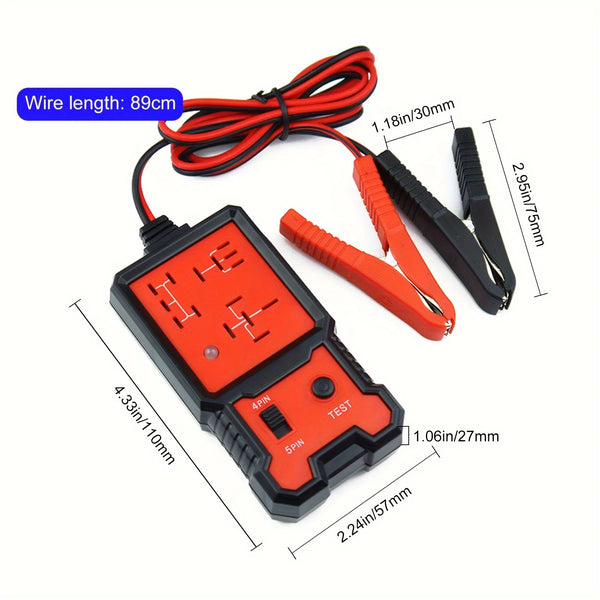 An orange universal automotive relay tester with a black housing and red wire leads is shown.