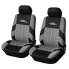 A pair of black car seat covers with gray patterned inserts and auto youth branding.