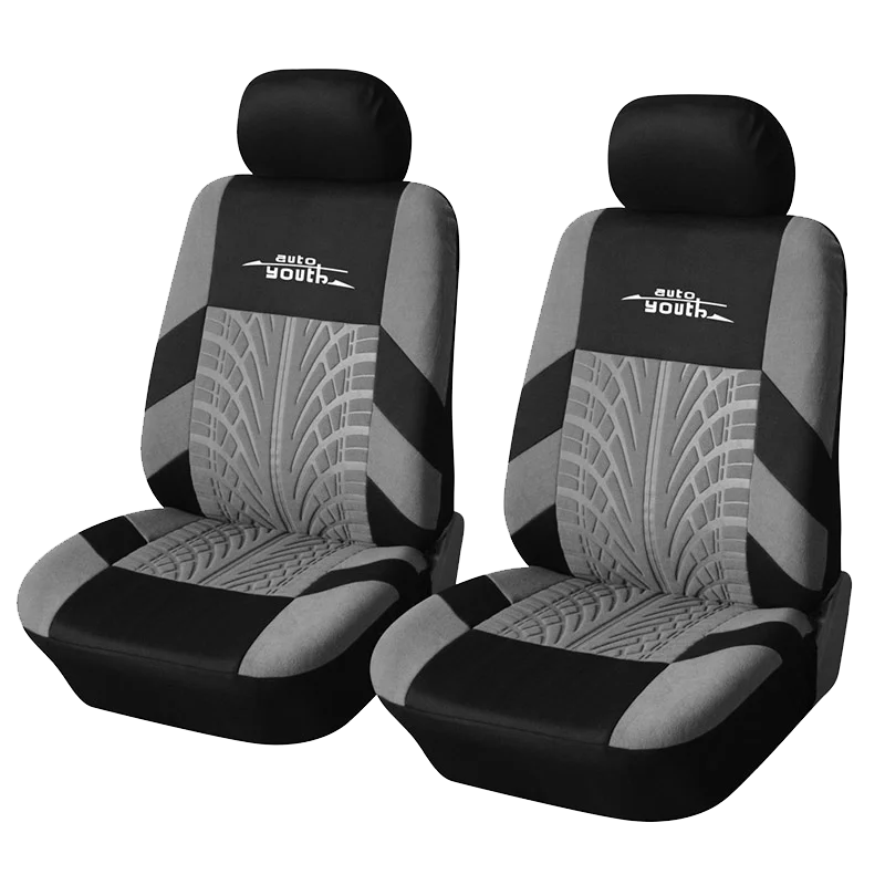 A pair of black car seat covers with gray patterned inserts and auto youth branding.