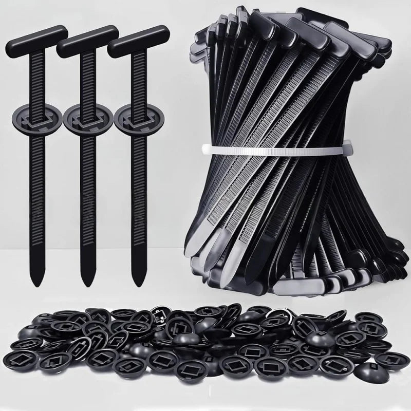 A collection of black nylon universal cable tie buckles, including individual ties and a bulk pile.