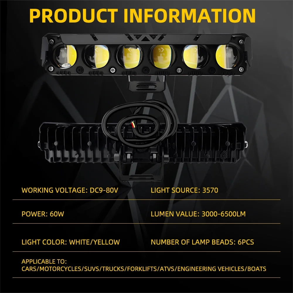 A black LED spotlight headlight assembly with multiple yellow light sources and a mounting bracket.