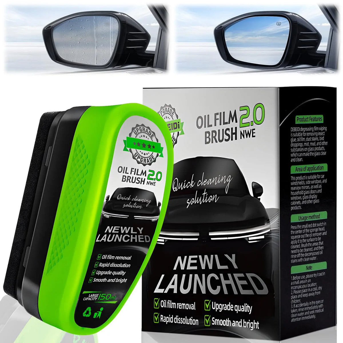 Une brosse dégraissante à l'huile verte avec son emballage et une paire de lentilles pour enlever le film sur les vitres auto