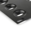 Black no-drill front tow hook license plate mount for BMW featuring multiple mounting holes.
