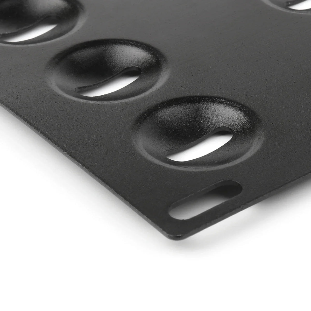 Black no-drill front tow hook license plate mount for BMW featuring multiple mounting holes.
