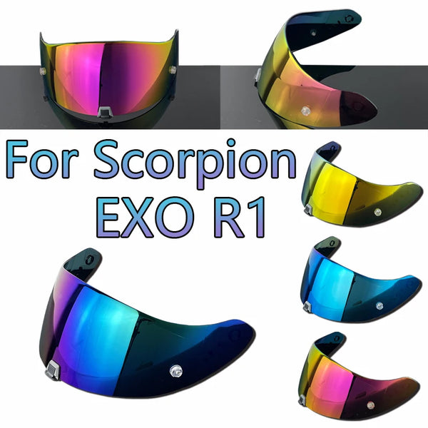 A collection of scorpion EXO R1 motorcycle helmet visor lenses in various colors and angles.