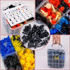 Assortment of various universal car fastener clips in black, orange, yellow, and blue colors.