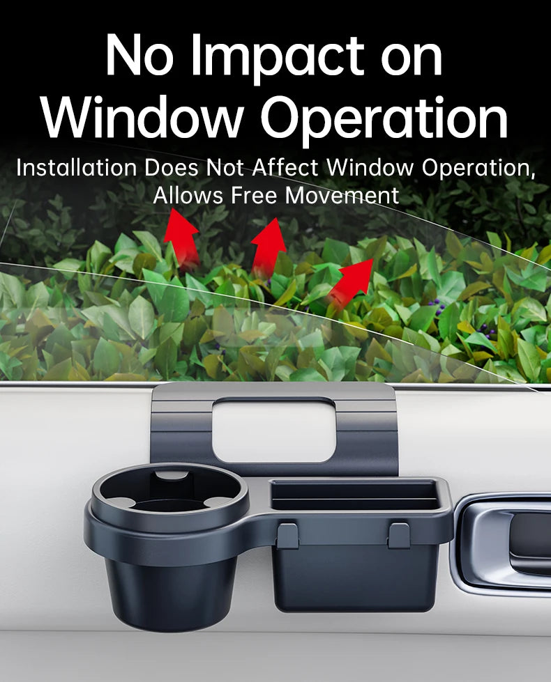 A black car door storage organizer with a cup holder and phone mount is shown in a close-up view.