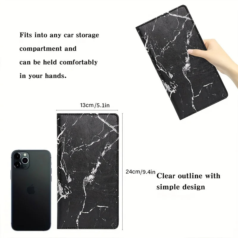 Black faux leather phone case with marble pattern fits into car storage compartments.