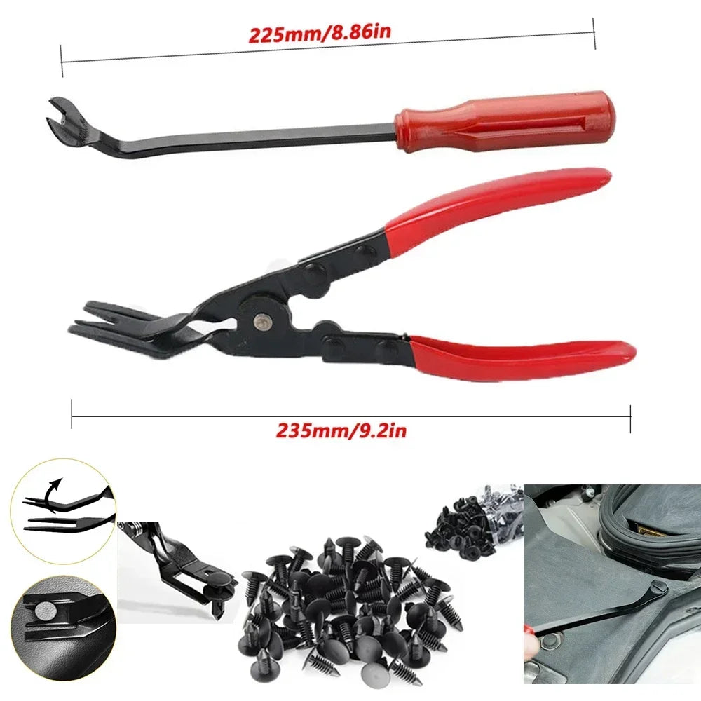 A precision plastic trim and rivet removal tool kit showing various tools for removing automotive trim and rivets.