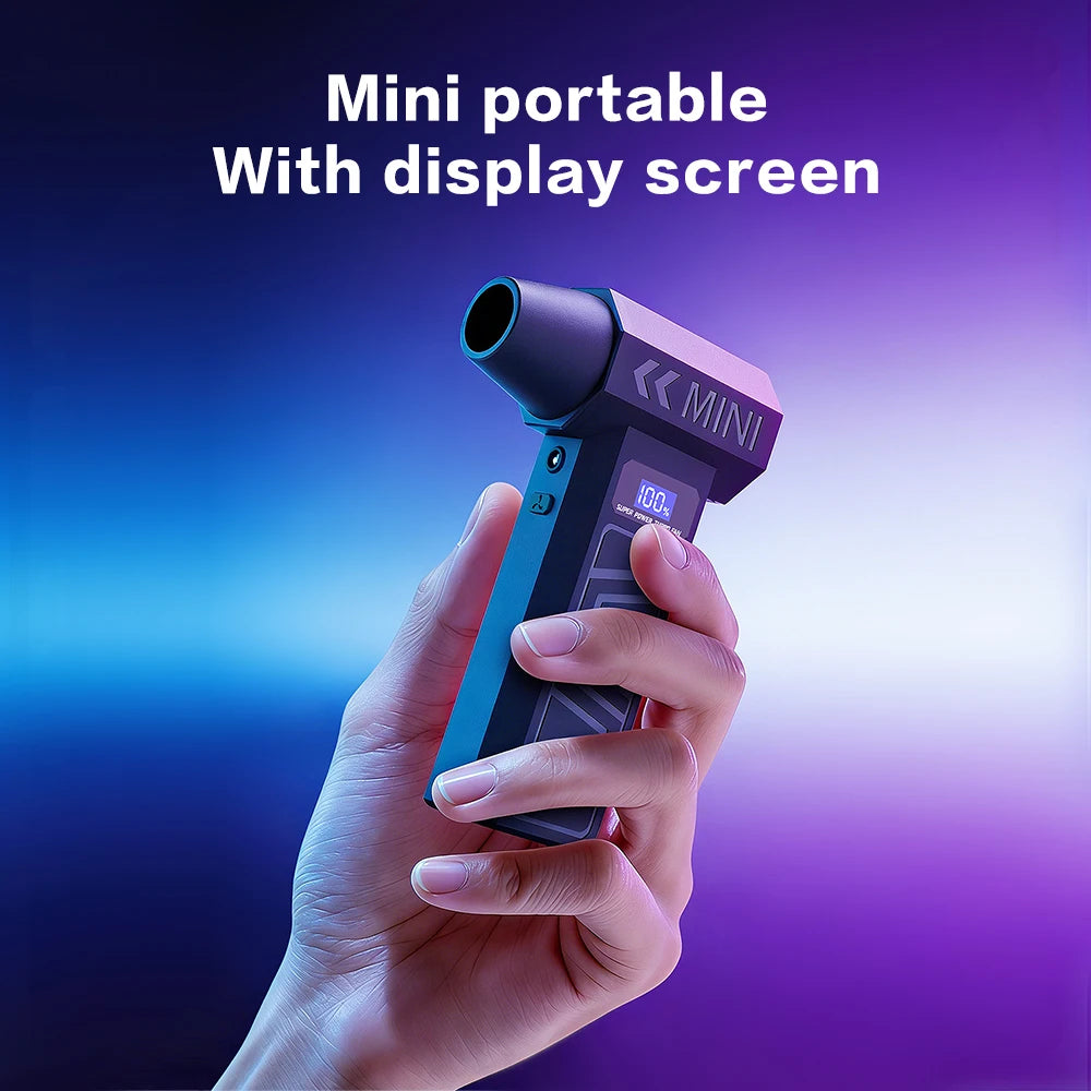 A hand holds a mini portable air blower device with a display screen against a colorful background.