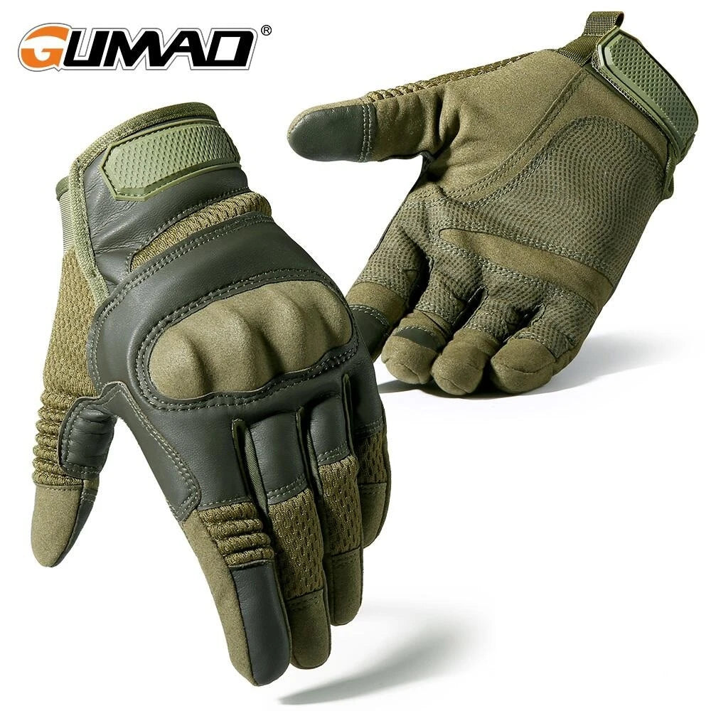 A pair of olive green tactical hard-shell gloves with a textured grip shown in a close-up view.