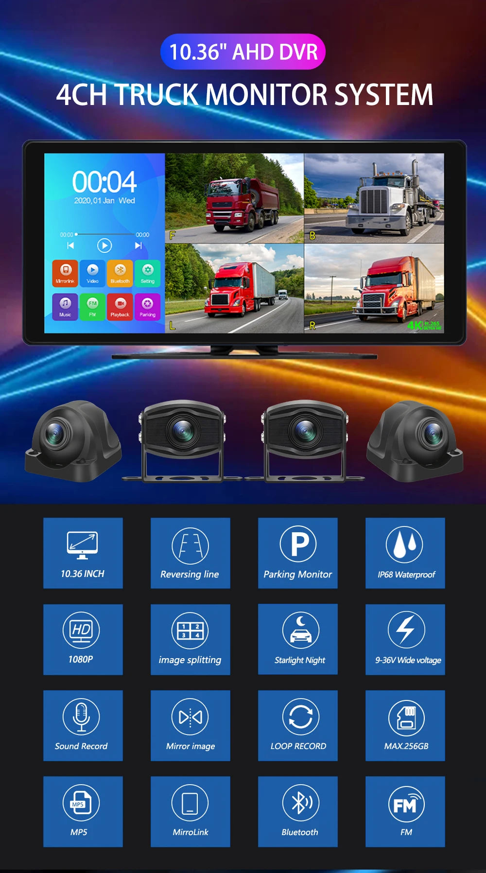A display showing a 4CH truck monitor system with various camera views and control options.