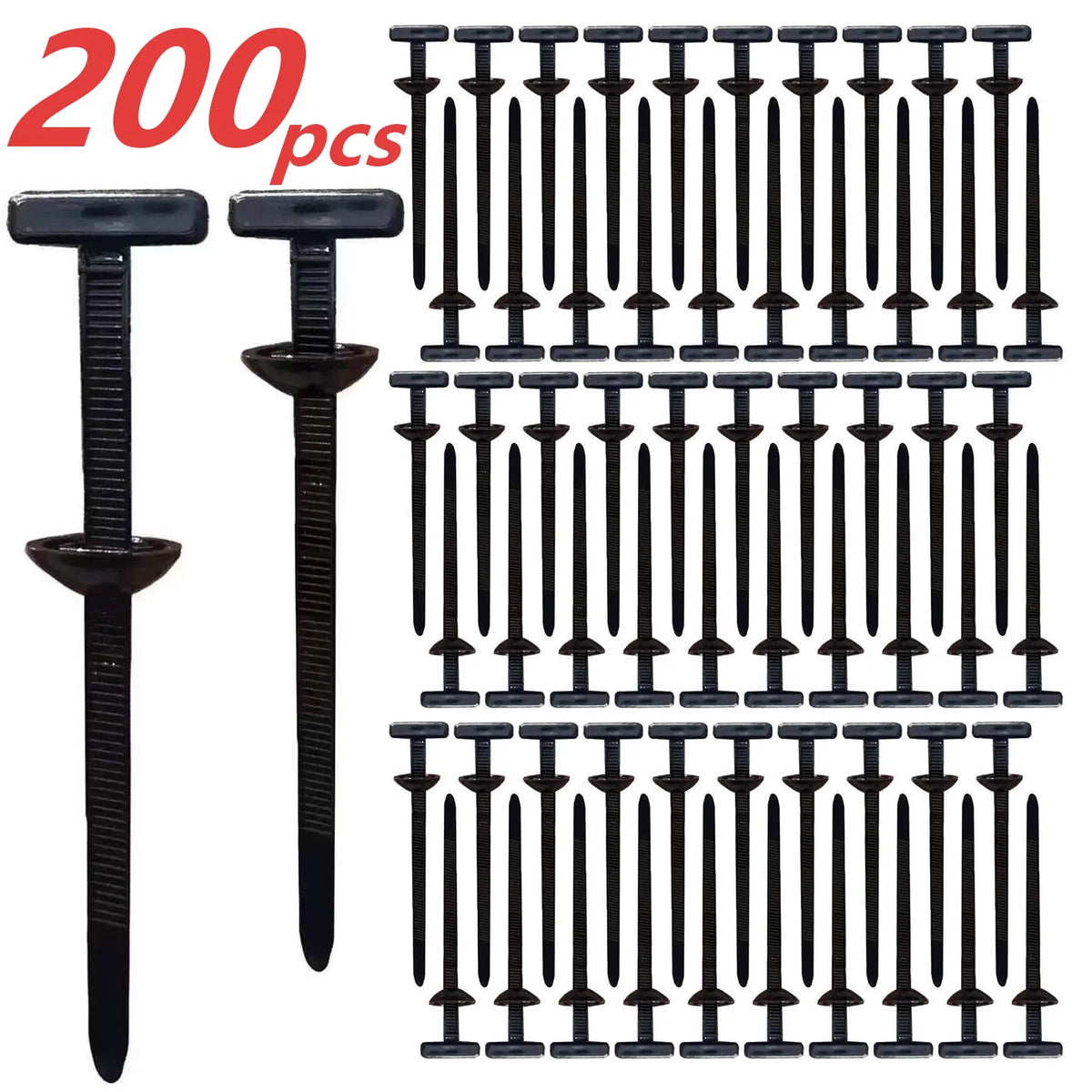 A set of 200 black self-locking nylon cable ties.