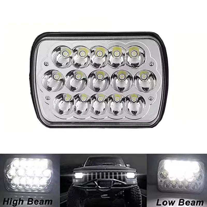 A clear square LED headlight assembly featuring multiple projector lenses for high and low beam operation.