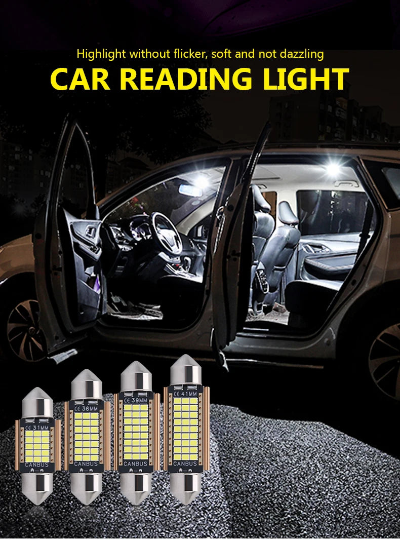 Un jeu d'ampoules feston LED Canbus exposées sur une surface texturée, avec l'intérieur d'une voiture visible en arrière-plan