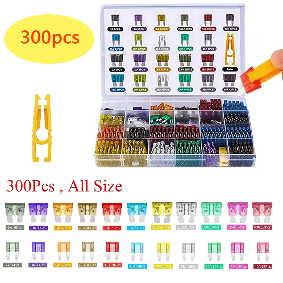 A collection of automotive blade fuses in various sizes and colors arranged in an organized plastic case.