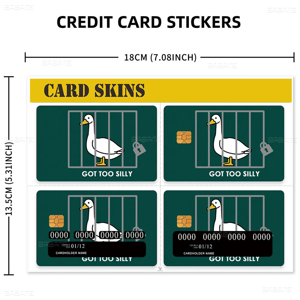 Pack of credit card stickers featuring designs like 'Got Too Silly' and various card skins