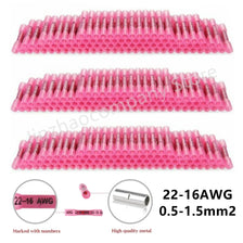 Conectores de alambre de retorcido rosa en varias longitudes y calibres, marcados con números.