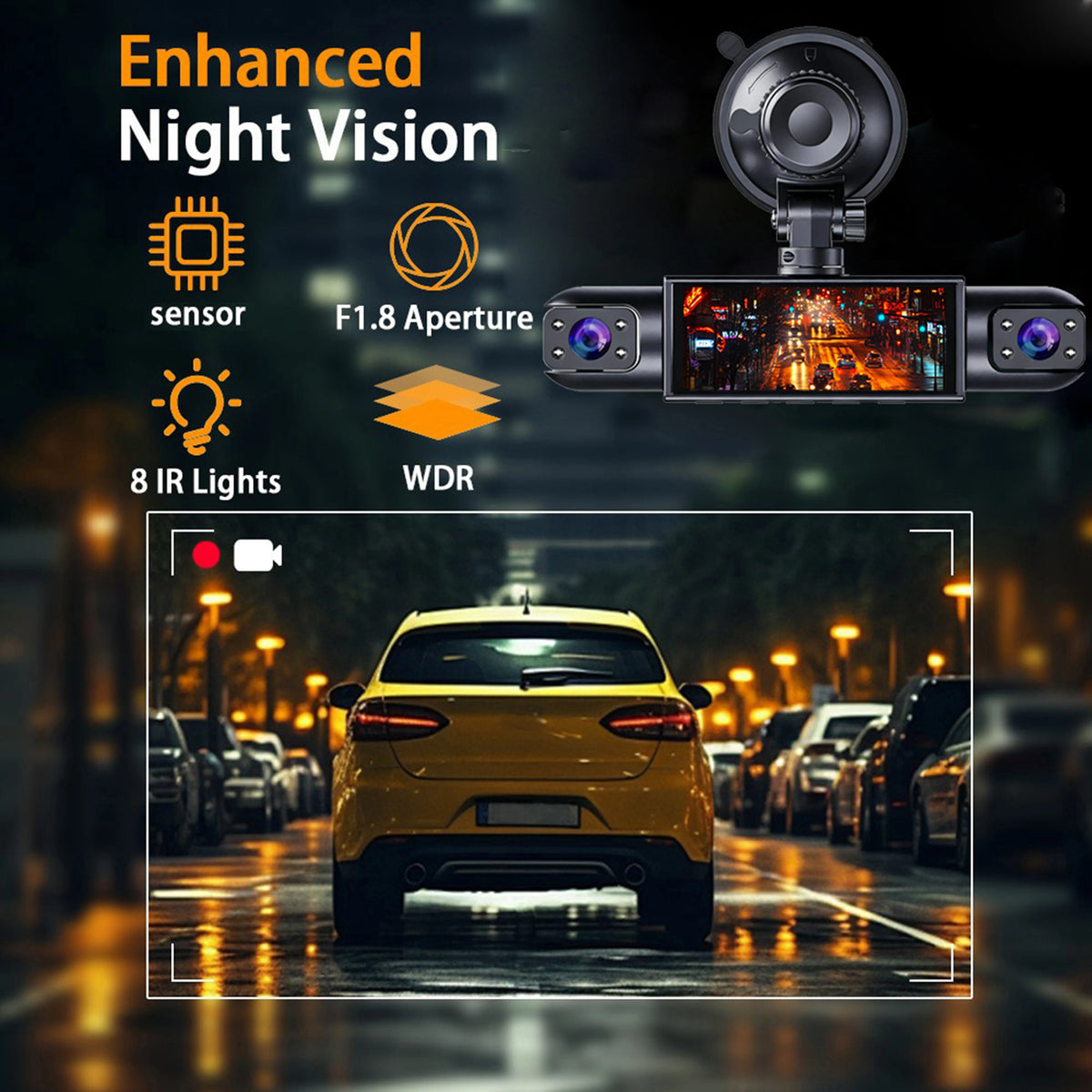 An enhanced night vision security camera system mounted on a vehicle, featuring an F1.8 aperture and 8 IR lights.