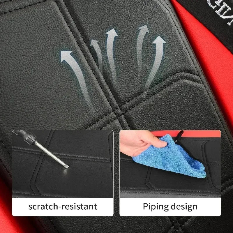 Close-up of black car seat covers showing scratch-resistant and piping design features.