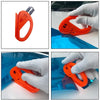 Orange vinyl tint film installation tool kit shown in various angles being used to apply film to a car window.