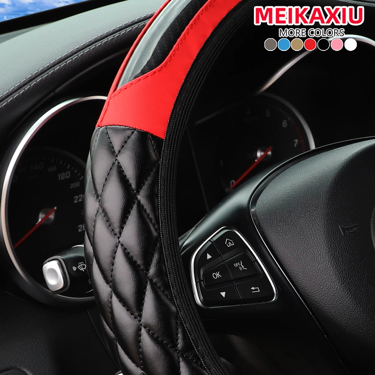 Close-up view of a black leather steering wheel cover with red accents and carbon fiber texture inside a car