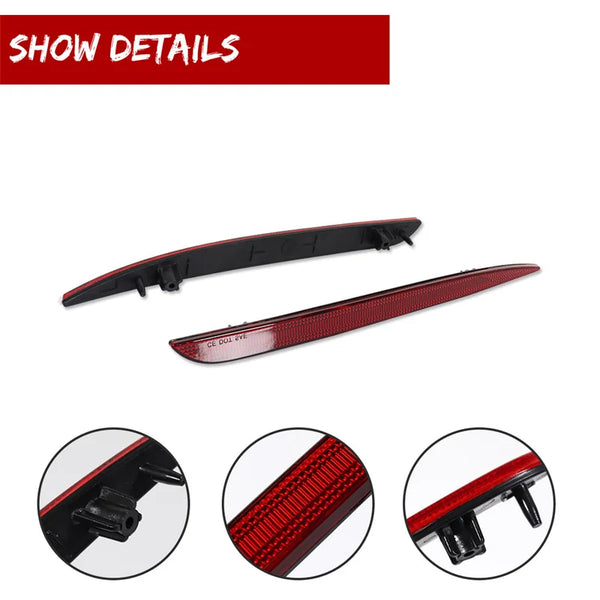 Close-up view of red and black rear bumper reflector light covers for a Chrysler 300 vehicle.