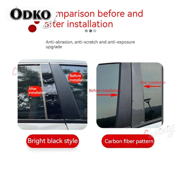 Comparison showing the before and after installation of an anti-scratch car door window trim cover.