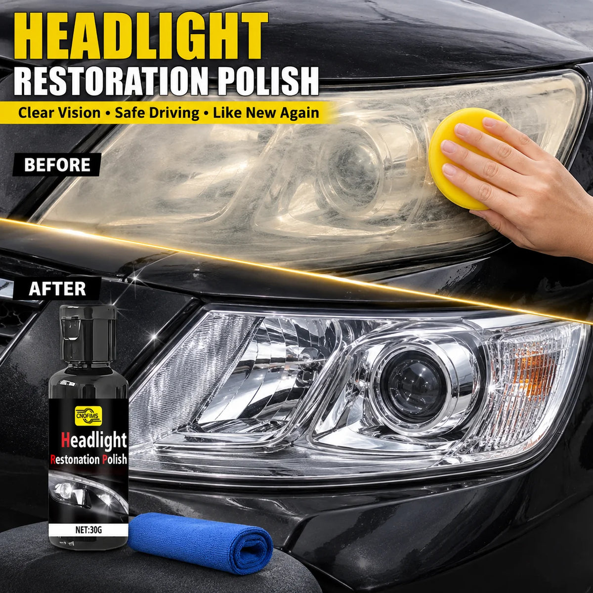 A yellow hand is applying headlight restoration polish to a car's headlight lens.