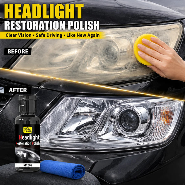 A yellow hand is applying headlight restoration polish to a car's headlight lens.