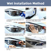Step-by-step guide showing the wet installation method for car headlights.