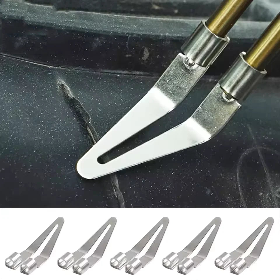 A pair of silver precision plastic welding and repair pliers with gold-colored handles.