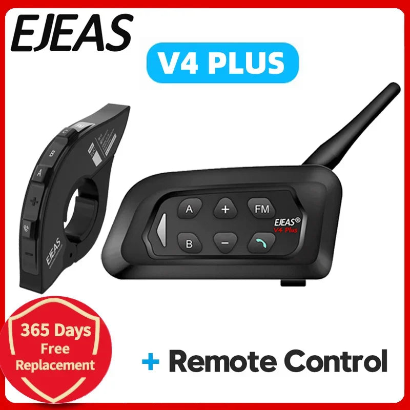 Black EJ EAS V4 Plus motorcycle Bluetooth intercom helmet system with remote control and 365 days free replacement guarantee.