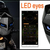 A black motorcycle helmet featuring LED eyes and a textured design, shown alongside an LED eye display interface.