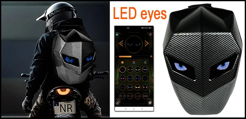 A black motorcycle helmet featuring LED eyes and a textured design, shown alongside an LED eye display interface.