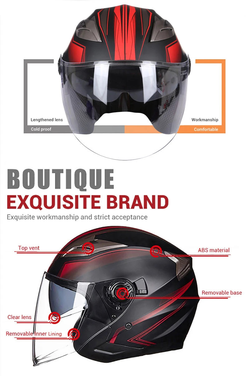 A black motorcycle helmet with a clear lens and red accents, showing various features like a top vent and removable base.