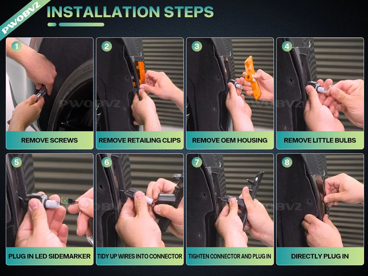 Eight steps showing how to install LED turn signal lights for Camaro and Cadillac