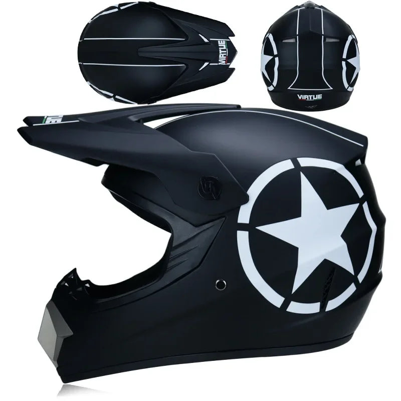 Black off-road safety helmet with a white star design shown in multiple views.