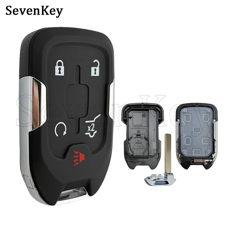 A black replacement smart key fob shell with various cutouts and a metal key blade is shown.