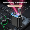 A close-up of a black retractable car charger plugged into a vehicle port, showing a digital voltage display and charging ind