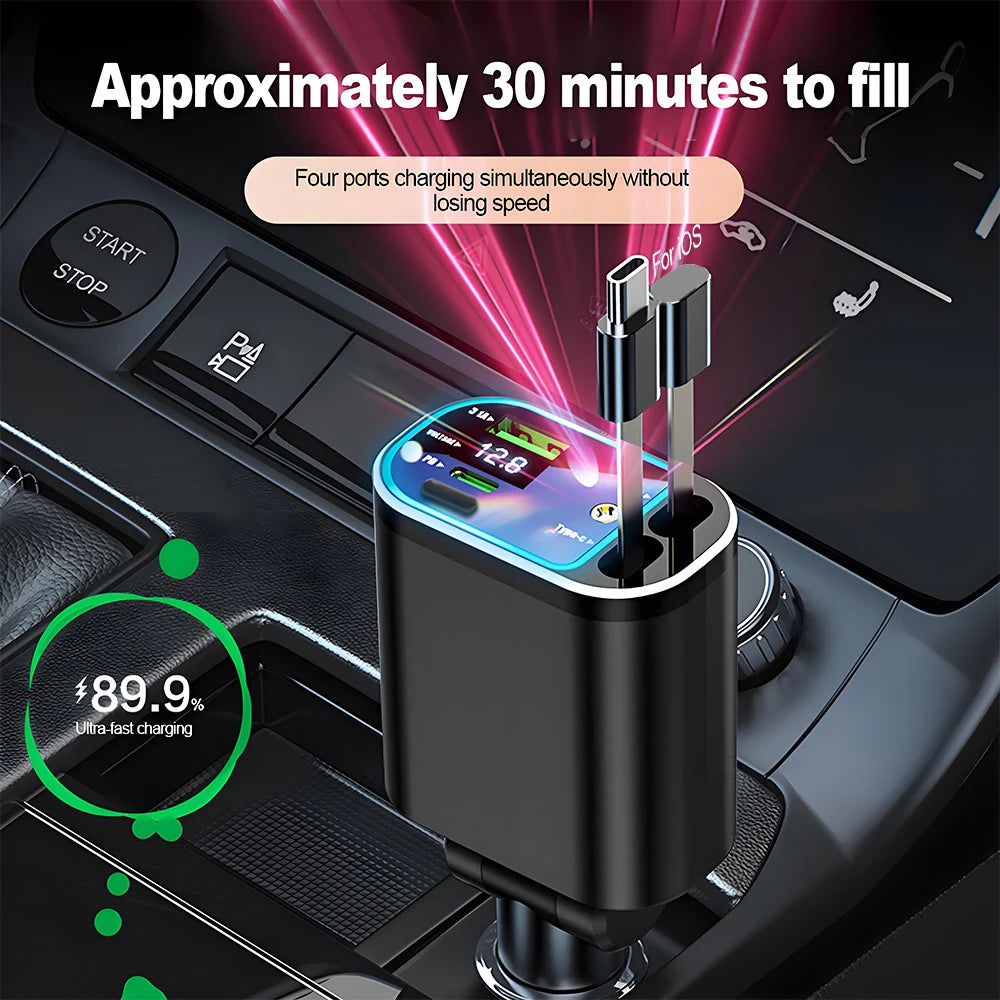A close-up of a black retractable car charger plugged into a vehicle port, showing a digital voltage display and charging ind