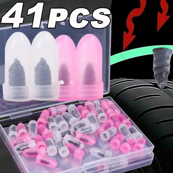 A clear plastic box containing 41 reusable rubber plugs for compact tire repair kit